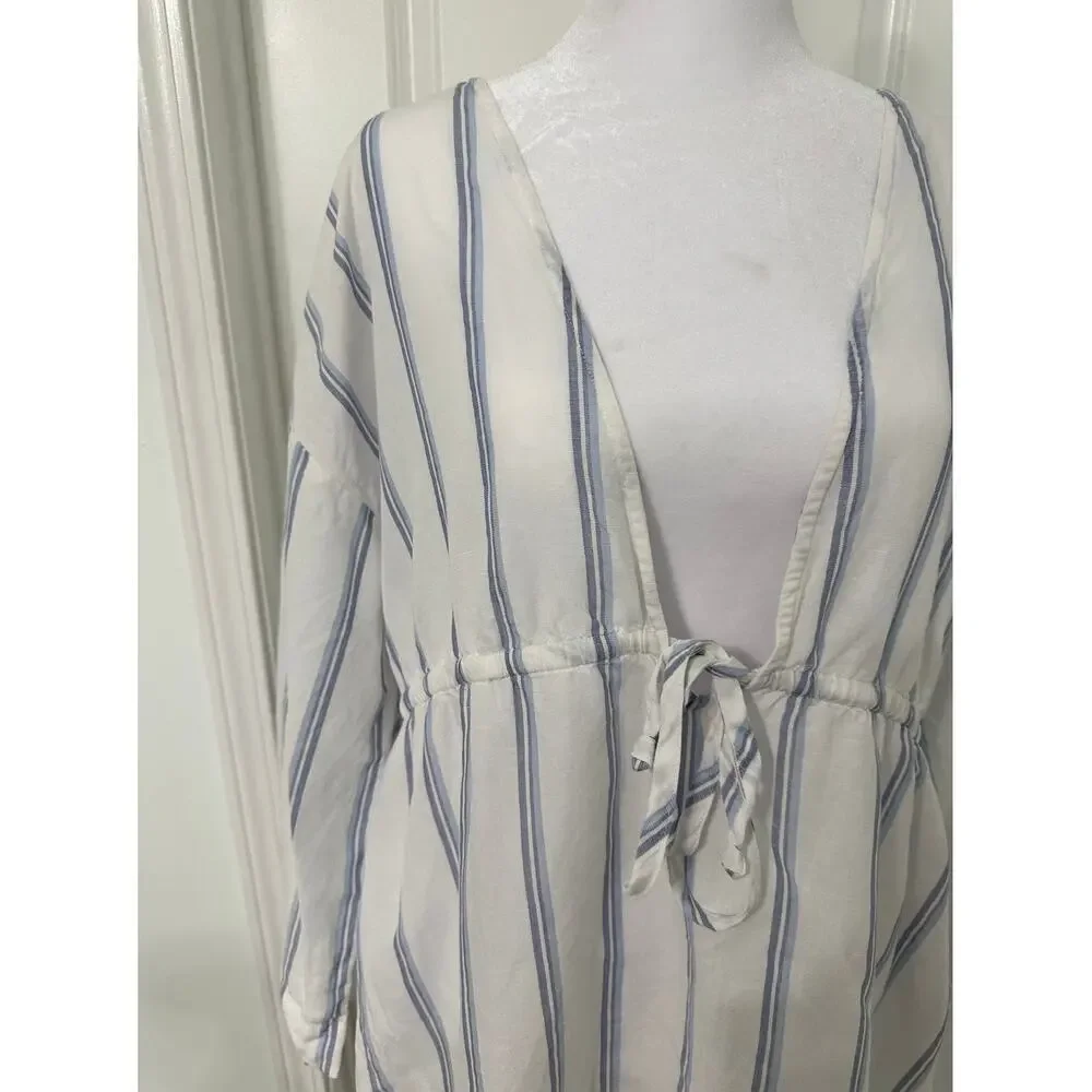 🤍💙 J.Crew V-Neck Linen Cotton Tunic Coverup Dress Size L Striped Chic ✨ - Picture 2 of 4